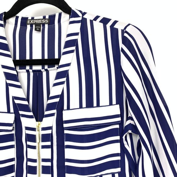 Express Popiver Blouse Womens XS Blue White Striped Print Long Sleeve Zip Front - Picture 3 of 6